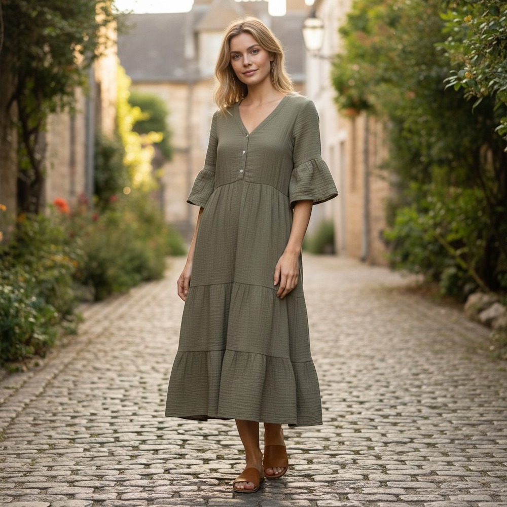 Chelsea & Theodore Olive Green Cotton Gauze Tiered Maxi Dress Bell Sleeve M